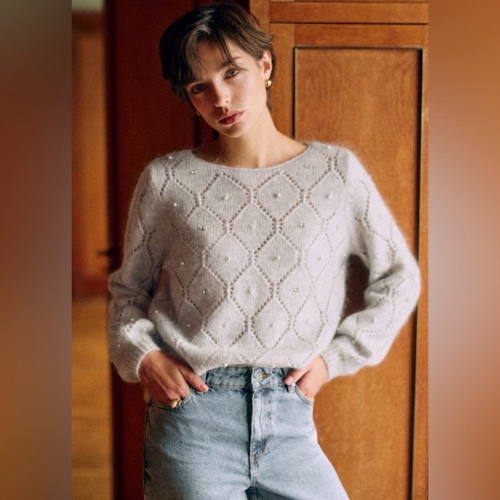 SEZANE NWT Federica Jumper Sweater Pearl Grey Rhinestone Embellished XS